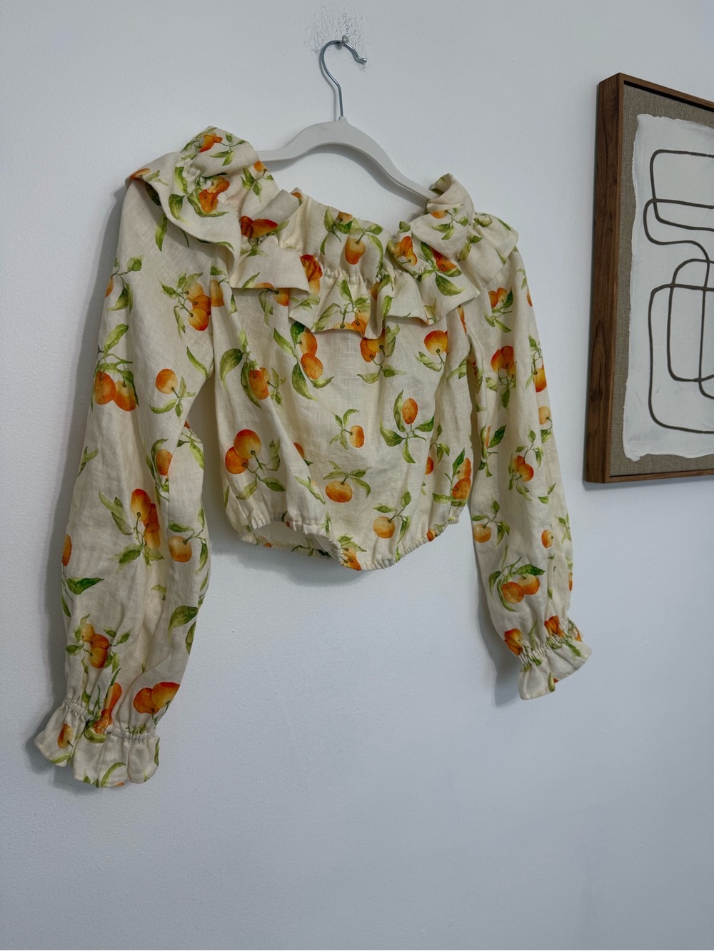 Cami NYC Cream Ruffle Peasant Top with Orange Fruit Print